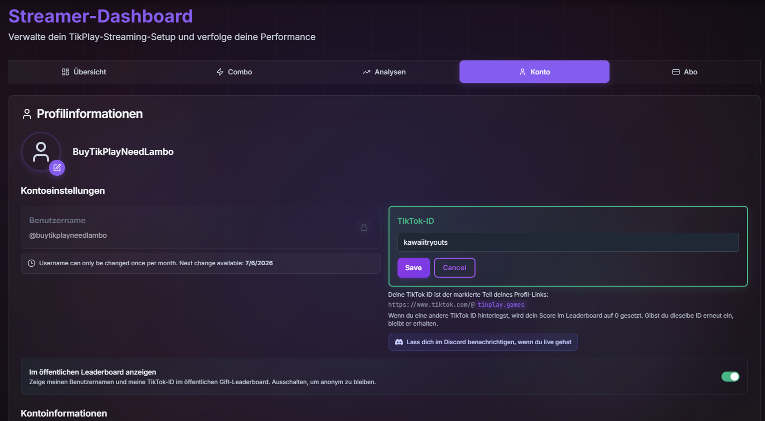 Der Konto-Tab mit dem TikTok-ID-Feld