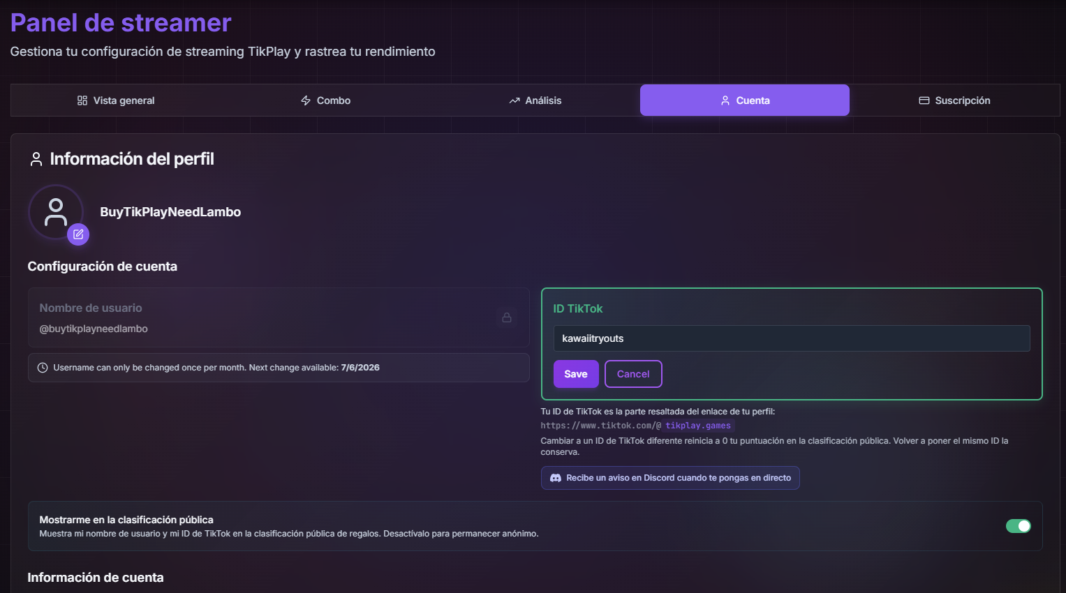 La pestaña Cuenta con el campo ID TikTok
