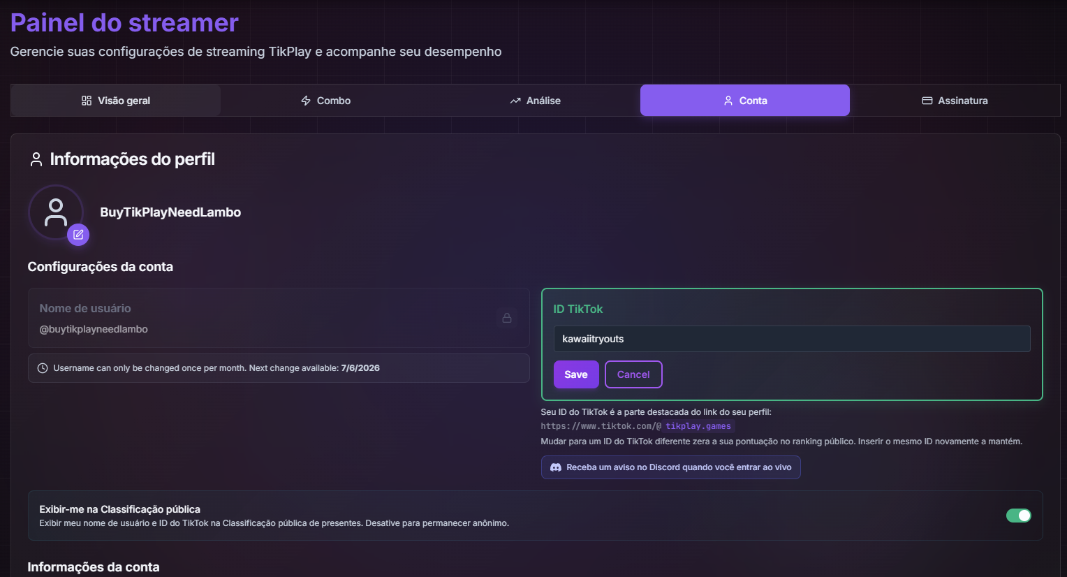 O separador Conta com o campo ID TikTok