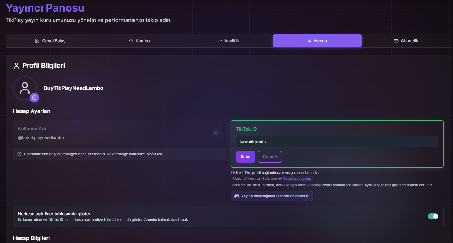TikTok ID alanının bulunduğu Hesap sekmesi
